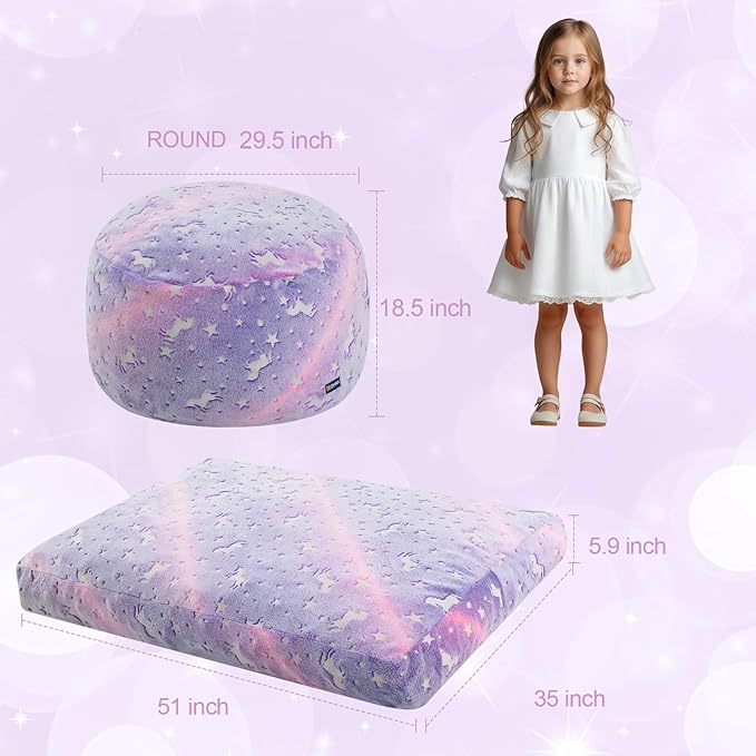 COMAX Kids Bean Bag Chair Turn into Beanbag Bed, Toddler Bean Chair for Girl Boy Sleeping, Lazy Children Bean Bags with Filler, Convertible Child Floor Mattress, Purple Unicorn-CubbioJoy