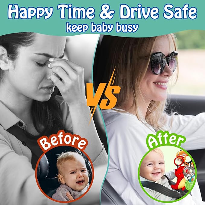 Baby Car Seat Dinosaurs Toys - Kick and Play Double Sided Infant Car Seat Toys with Plush Toys, Mirror, Teether for Baby, Babys Travel Activities, Christmas Birthday Gifts Newborn Infant Toys-CubbioJoy