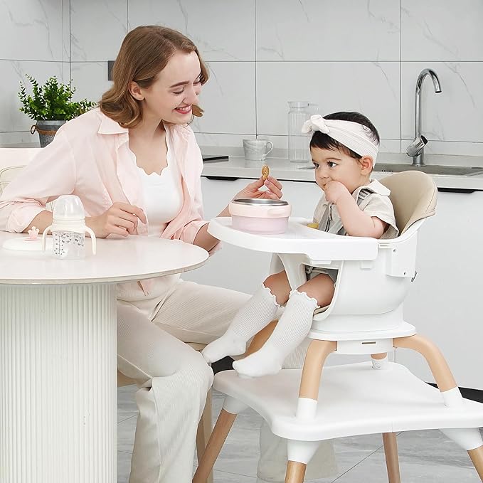Baby High Chair, 7 in 1 Convertible High Chairs for Babies and Toddlers, Kids Learning Table, Building Block Table, Toddler Dining Chair with 360° Rotating Seat, 5-Point Safety Harness (Khaki)-CubbioJoy