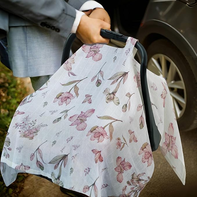 80S Muslin Car Seat Cover for Babies - Soft & Breathable Infant Carrier Canopy, Lightweight Sunshade for Summer, Universal Fit for Baby Boys & Girls-CubbioJoy