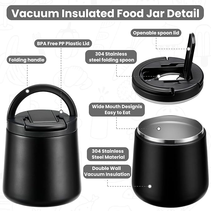 20oz Insulated Vacuum Food Jar with Buckle Lid,Soup Thermo for Hot Food Kids,Wide Mouth Leakproof Stainless Steel Lunch Container with Spoon-Black-CubbioJoy