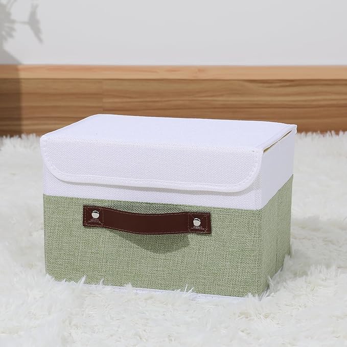 ANMINY Storage Boxes with Lids Washable Decorative Storage Bins Basket with PU Leather Handle Foldable Linen Fabric Storage Cubes Containers for Home Closet Organizer - Green White, Small Size-CubbioJoy