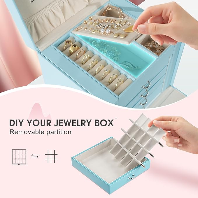 5-Layer Jewelry Box with 4 Drawers, Huge Portable Jewelry Organizer with Lock and Mirror for Women, for Necklace Ring Earring Bracelet Storage, Lockable Jewelry Case, Blue-CubbioJoy