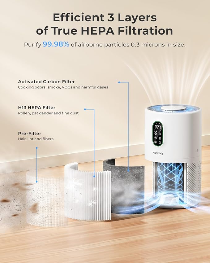 Air Purifiers for Home Large Room up to 1650 ft², WESTHEY H13 True HEPA Air Purifier for Bedroom with Night Light, Air Quality Monitor, Fragrance Sponge, Air Cleaner for Wildfire Smoke Dander Dust-CubbioJoy