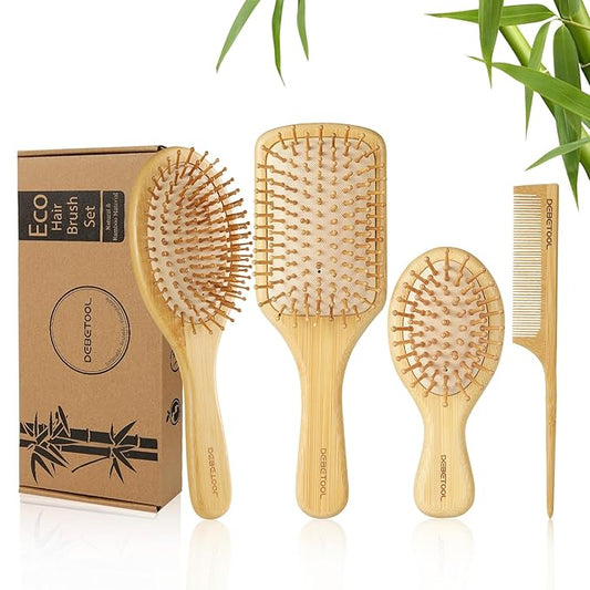 Bamboo Hair Brush and Comb Set for Women Men and Kids,Natural Bamboo wood Wide-tooth brush and tail comb - Paddle Detangling Brush for Wet Dry Curly Hair-CubbioJoy