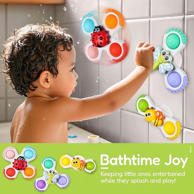 ALASOU 3PCS Pop Suction Cup Spinner Toys for 1 Year Old Boy Girl|Novelty Spinning Tops Toddler Toys Age 1-2|Sensory Baby Bath Toy for Toddlers 1-3|12 18 Months Boy Birthday Gift for Infant-CubbioJoy