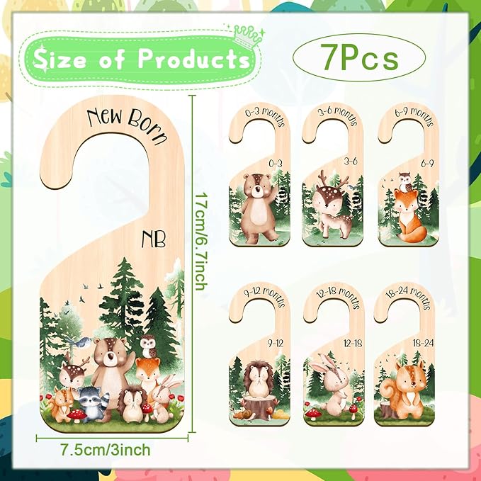 Animals Baby Closet Dividers, 7PCS Wooden Baby Clothes Dividers for Closet Organizers, Newborn to 24 Months Home Animals Theme Nursery Clothes Decor-CubbioJoy