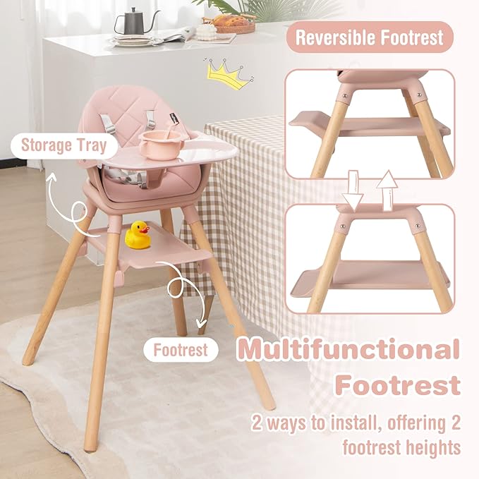BABY JOY Baby High Chair, 6 in 1 Convertible Wooden High Chair for Babies & Toddlers with Adjustable Legs, Double Removable Tray, Safety Harness & Waterproof PU Cushion (Pink)-CubbioJoy