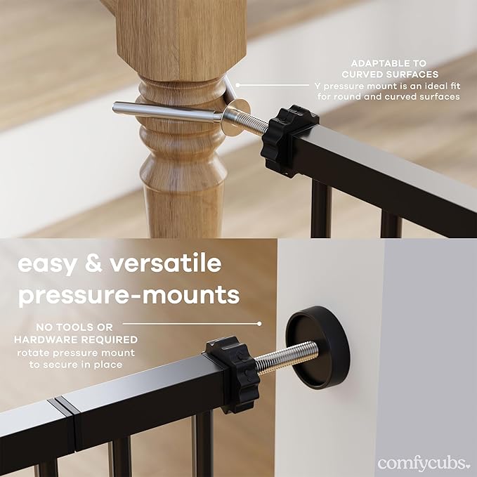 Comfy Cubs Baby Safety Gate with 3 Extensions - Adjustable 42" x 1.9" x 30" Q195 Steel Doorway Barrier - Powder-Coated Finish for Stairs and Doorways - Walk-Through Design Pet Gate - Black-CubbioJoy