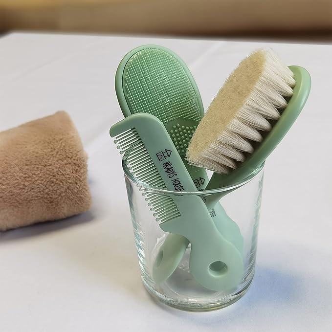 3 Piece Baby Hair Brush & Comb Set for Newborns- Soft Goat Bristle Hair-Brush, Silicone Bath Brush and Plastic Comb for Infant, Toddler, Kids - Baby-CubbioJoy