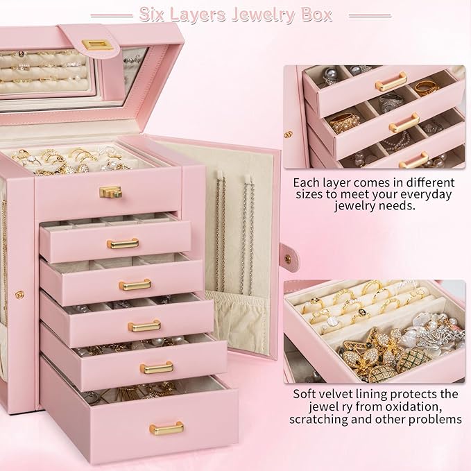 AKOZLIN Large Jewelry Box Organizer Functional with Big Mirror, Leather Jewelry Storage Case for Women Girls Ring Necklace Earring Bracelet Holder Organizer-CubbioJoy