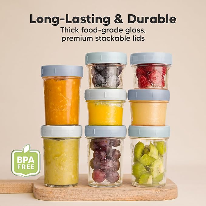 KeaBabies 4pk 8oz Glass Baby Food Containers with Lids - Leak-Proof, Microwavable Small Glass Jars, Baby Purees & Toddler Snack Storage Containers, BPA-Free, Dishwasher & Freezer Safe (Slate)-CubbioJoy