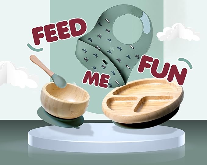 Bamboo Baby Feeding Set for Infants & Toddlers - Baby Essentials, Non-Toxic, Sustainable, Bamboo Suction Plate & Bowl, Bib, Sippy Cup w/Lid & Straw, Perfect Baby Shower Gifts (Pine Gray)-CubbioJoy