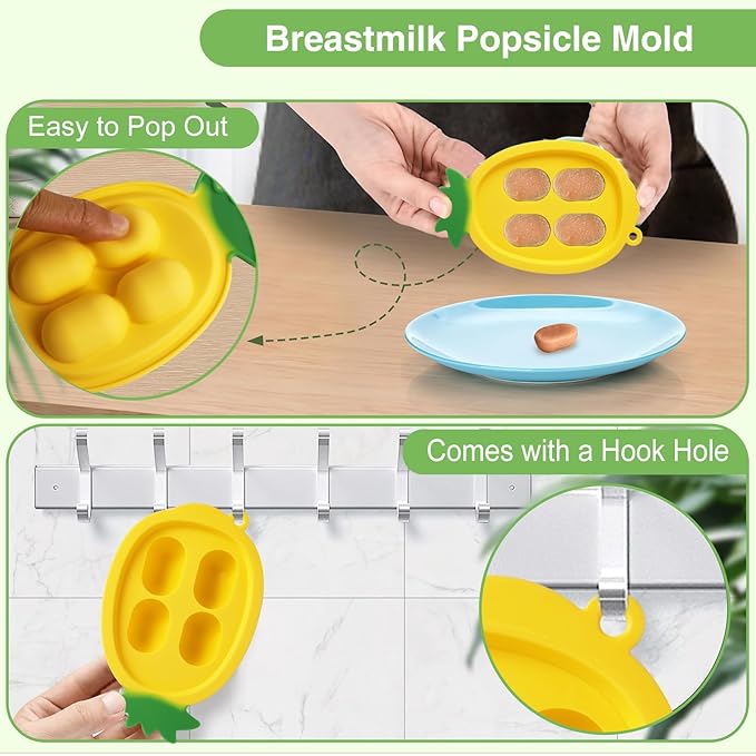 Baby Fruit Food Feeder - Silicone Nibble Tray Combo - Breastmilk Popsicle Mold for Cooling Relief, BPA Free Mesh Feeder for Infant Self Feeding (Monkey Mint + Pineapple)-CubbioJoy