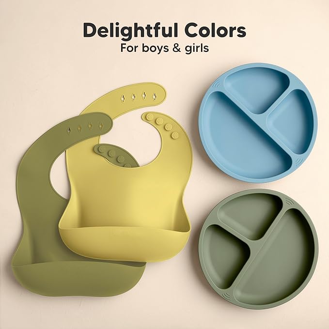 KeaBabies 2-Pack Silicone Baby Bibs for Eating - Sturdy Food-Grade Silicone Bibs for Babies Girl, Boy, Large Food Catcher, Clean & Put On Easily, Waterproof Toddler Feeding Essentials (Olives)-CubbioJoy