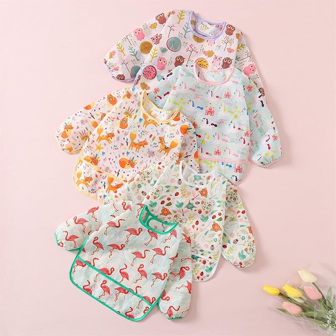 5 Pack Long Sleeve Bib,Baby Toddler Waterproof Sleeved Bib for 6-30 Months Reusable with Catch-all Pocket-CubbioJoy