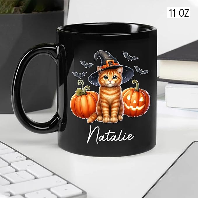 Custom Halloween Orange Tabby Coffee Cup, Personalized Name Orange Tabby with Pumpkins Ceramic Mug, Cat Witch Pumpkin Mug 11oz 15oz, Pet Cat Halloween Black Cup, Gift Idea for Pet Enthusiast-CubbioJoy