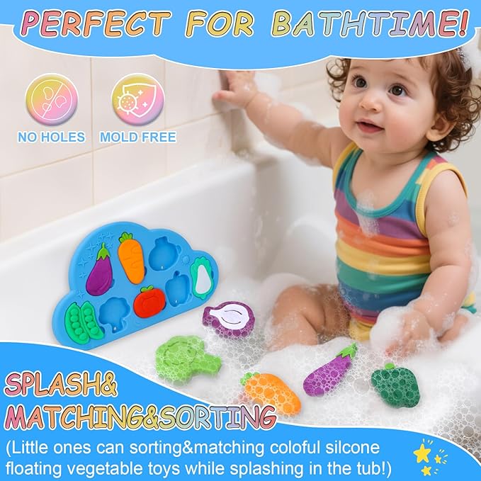Baby Bath Toys, 100% Silcone Mold Free Vegetable Bath Toys, Soft Toddlers Floating Bathtub Toy, No Hole Tub Water Toys, Shape Sorting&Matching Educational Learning Toys Gift for Boys Girls Kids-CubbioJoy