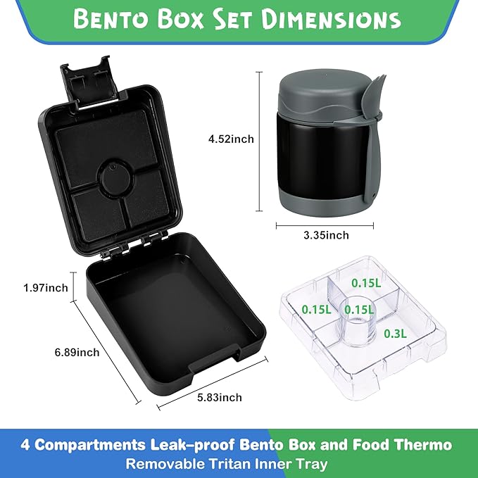 Bento Lunch Box Set With 10oz Soup Thermo, Leak-proof Lunch Containers with 4 Compartment, Kids Hot Thermo Food Jar/Insulation Lunch Bag, Food Containers for School (Black)-CubbioJoy