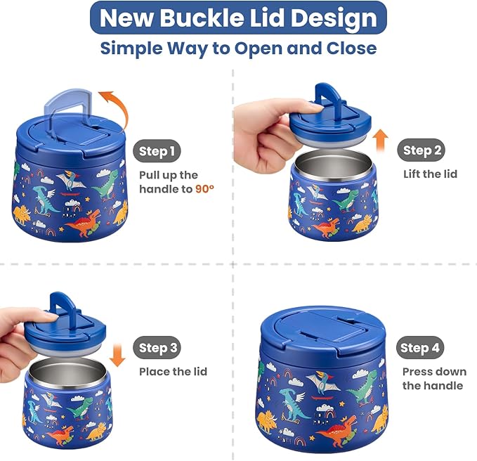 14oz Insulated Vacuum Food Jar with Buckle Lid,Soup Thermo for Hot Food Kids,Wide Mouth Leakproof Stainless Steel Lunch Container with Spoon-Dinosaur-CubbioJoy