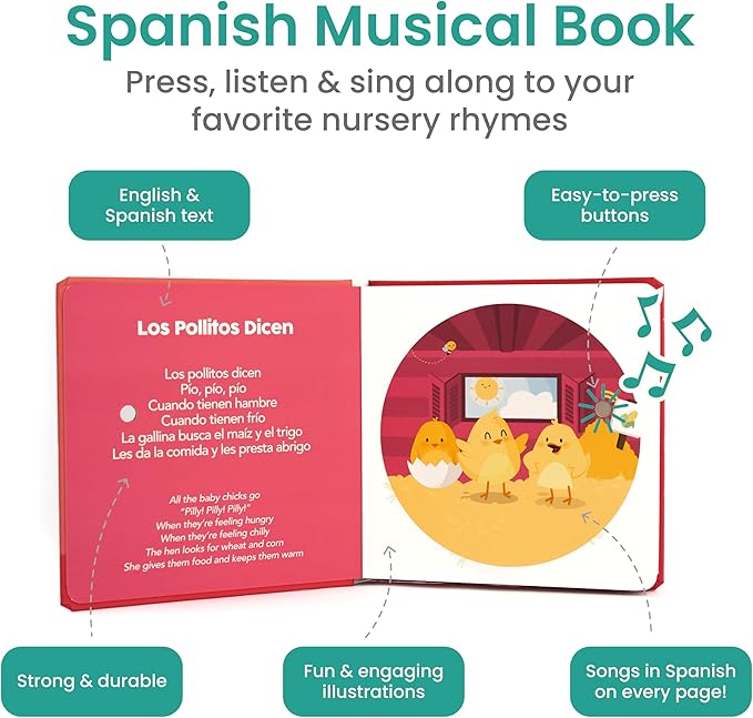 Binibi Spanish Musical Book for Babies & Toddlers 1-3 Los Pollitos Dicen & Other Nursery Rhymes | Spanish Learning for Kids | Bilingual Children's Book | Sound Book | Libro en español para bebés-CubbioJoy