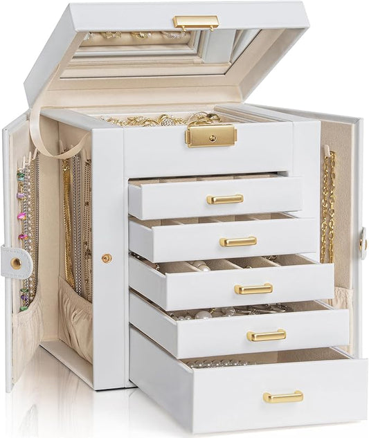 AKOZLIN 6-Tier Jewelry Box Lockable Leather Jewelry Storage Case with 5 Drawers for Women Girls Ring Necklace Earring Bracelet Holder Organizer with Mirror-CubbioJoy
