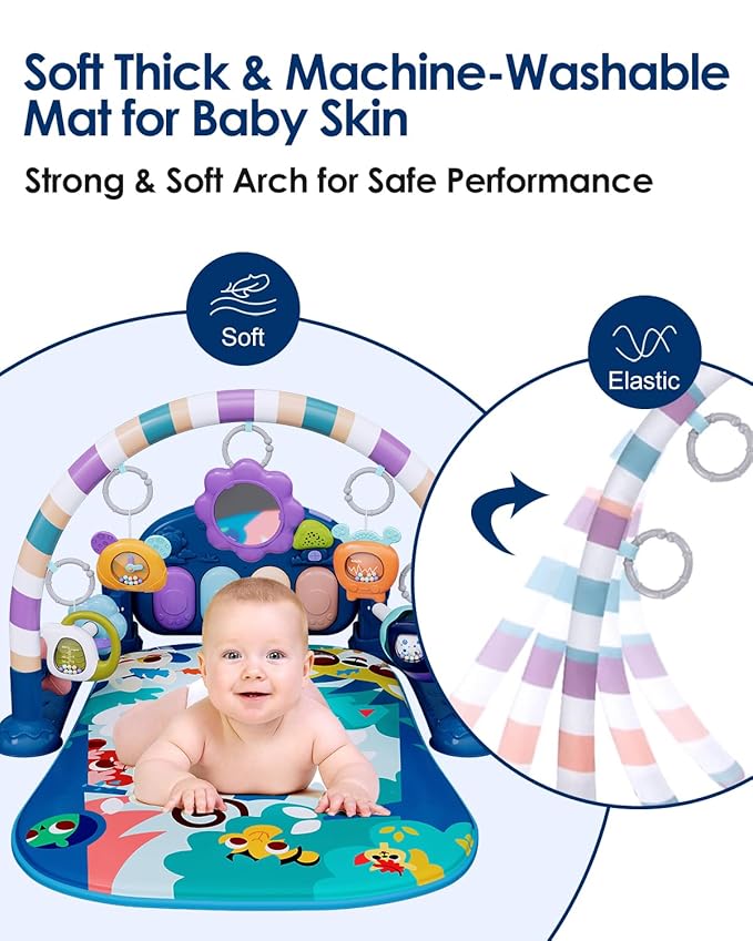 dearlomum Baby Play Mat Gym, Funny Play Piano Tummy Time Activity Mat with 5 Infant Sensory Toys, Music and Lights, Boy & Girl Gifts for Newborns 0 to 3 6 9 12 Months (Blue)-CubbioJoy