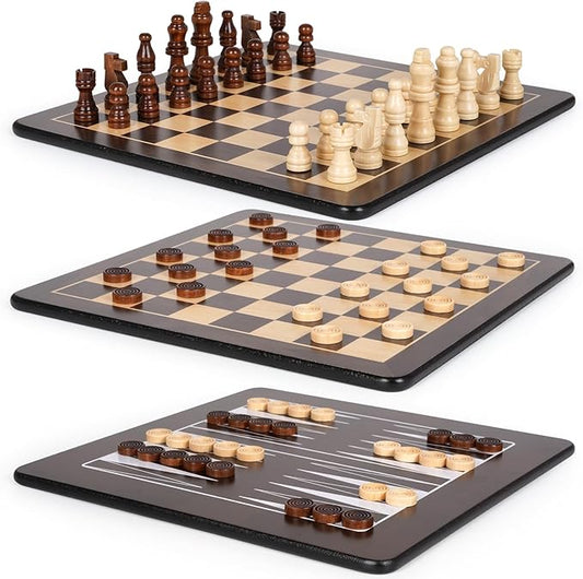 3-in-1 Wooden Chess, Backgammon Set and Checkers Set- 12 Inch Portable Board Game for Kids and Adults, Classic Strategy Game with Durable Chess Pieces Perfect for Travel Family Game Educational Games-CubbioJoy