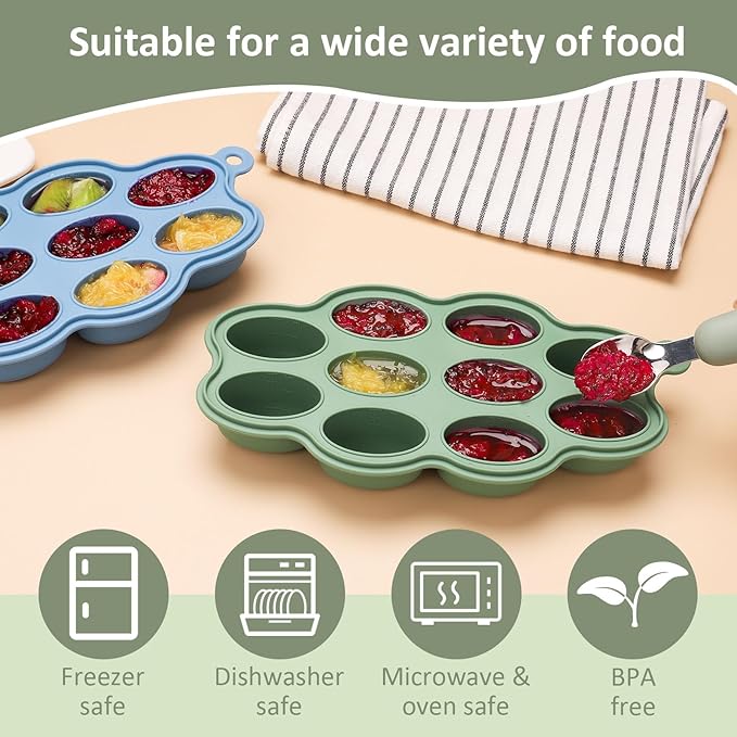 Baby Food Storage Container 2 Pack Silicone Freezer Tray Breast Milk Molds for Homemade Baby Food, Fruit Purees, Vegetable - Keep Your Baby's Meals Fresh and Safe (Matte Blue + Green)-CubbioJoy