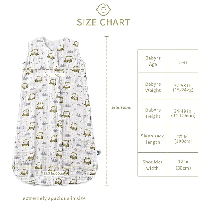 Baby Sleep Sack 2-4 T Baby Wearable Blanket 100% Organic Cotton 0.5 TOG Toddler Sleeping Sack 2- Way Zipper Soft Lightweight X-Large Owl-CubbioJoy