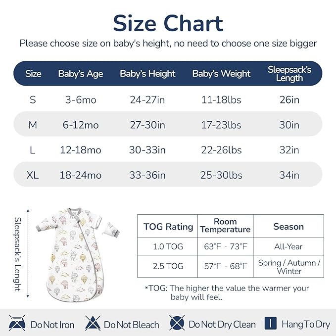 Baby Sleep Sack 12-18 Months, Cotton Detachable Long Sleeve Sleep Sack, 2.5 Tog Toddler Sleeping Sack with Temperature Strips, 2-Way Zipper Wearable Blankets for Newborns, Hot Air Balloon-CubbioJoy