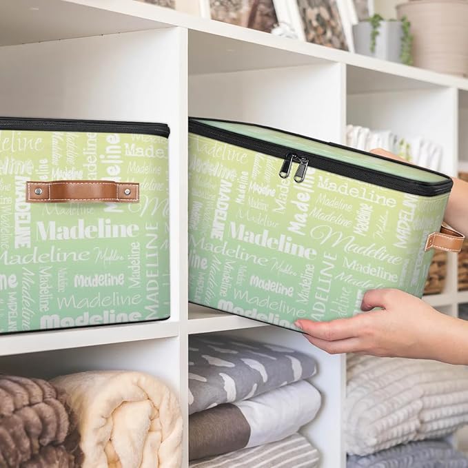 Custom Storage Basket with Name, Personalized Storage Bins with Zipper Lid, Foldable Fabric Storage Box Large capacity with Handle Yellow Green-CubbioJoy