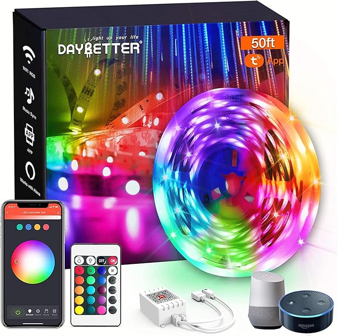 DAYBETTER Smart WiFi Led Lights, Tuya App Controlled, Work with Alexa and Google Assistant, Timer Schedule, RGB Strip Color Changing Décor for Bedroom Party Kitchen, 50ft-CubbioJoy