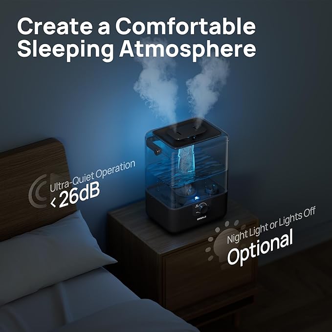CHIVALZ 6L Humidifiers for Bedroom Large Room Home, Cool Mist Top Fill Humidifiers for Baby Nursery and Plants, 26dB Quiet, Nightlight, Up to 50 Hours, Oil Diffuser 1 Pack + 2 Mist Outlets Black-CubbioJoy