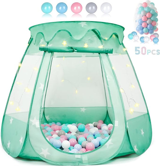 Baby Ball Pit for Toddler with 50 Balls, Pop Up Tent Kids with Star Lights for 1 2 3 Year Old Birthday Gift, 12-18 Months Baby Girl Toys with Carrying Bag, Indoor&Outdoor Play Tent for Kids(Green)-CubbioJoy