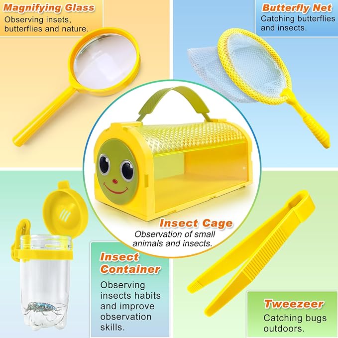 Bug Catcher Kit & Outdoor Explorer Kit for Kids, 10 Pcs Bug Catching Kit with Toy Cage, Backpack, Flashlight, Manifying Glass, Toy Net, Outdoor Exploration Toys Gift for Boys Girls 3-12-CubbioJoy