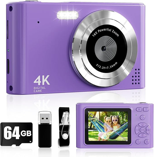 Digital Camera, Kids Camera1080P, Vlog Camera with 64GB Card, 16X Zoom Anti Shake, Card Reader, 44MP Compact Portable Small Point Shoot Digicam Gift for Kid Student Children Teen Girl Boy(Pruple)-CubbioJoy