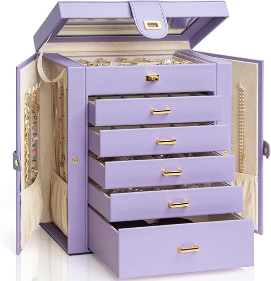 AKOZLIN Large Jewelry Box Organizer Functional Lockable with Big Mirror, Leather Jewelry Storage Case for Women Girls Ring Necklace Earring Bracelet Holder Organizer Violet-CubbioJoy
