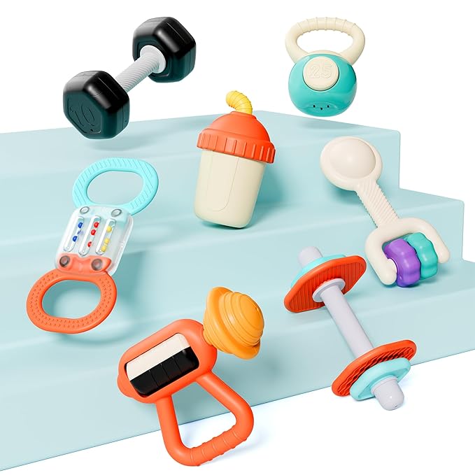 iPlay, iLearn Baby First Gym Rattle Set, Infant Dumbbell Weights Teething Rattles 3-6-12 Month, Newborn Workout Sensory Stroller Toy, Babies Birthday Shower Gift 5 7 8 9 10 Month Toddler Boy Girl-7PCS-CubbioJoy