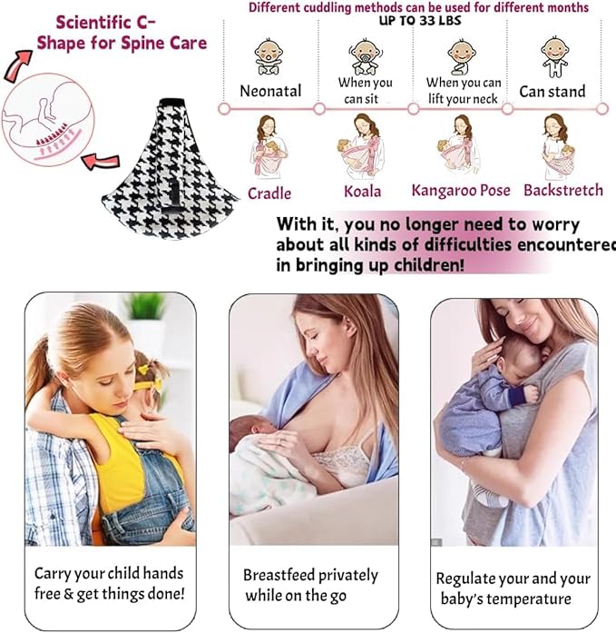 Baby Sling Carrier Adjustable Baby Sling 2025 Upgraded Toddler Sling Comfortable Baby Wrap Carriers Ergonomic-Designed, Travel Friendly Carrying 10-45 Lbs Blackwhite-CubbioJoy