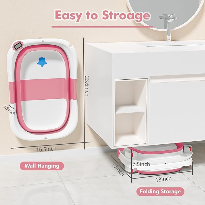 Collapsible Baby Bathtub,Baby Bath Tub with Soft Cushion & Thermometer,Baby Bathtub Newborn to Toddler 0-36 Months,Portable Travel Baby Tub-CubbioJoy
