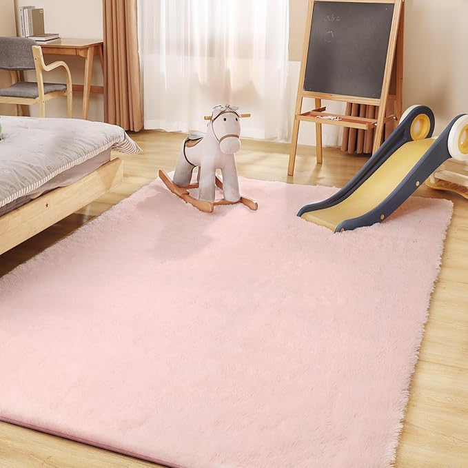 9x12 Pink Fluffy Rug, Ultra Soft Area Rugs for Living Room, Plush Rugs for Bedroom, Non-Slip Indoor Carpet for Nursery, Study Room, Kids Room, Room Decor-CubbioJoy