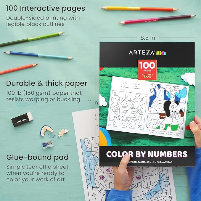 Arteza Kids Activity Book, Color by Numbers Coloring Book, 8.5 x 11 Inches, School Supplies for Ages 6 and Up, 50 Sheets, 12 Double-Ended Colored Pencils, Black Marker, Eraser, Sharpener-CubbioJoy