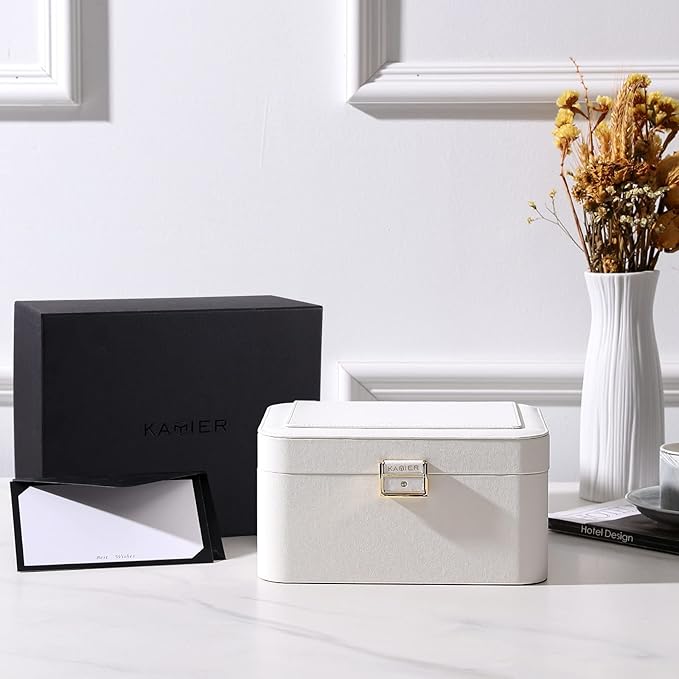 KAMIER Travel Jewelry Box, 2 Layers PU Leather Portable Jewelry Organizer, Large Capacity, Double Lock and Large Mirror, Hidden Necklace Hooks, Removable Dividers, Gift Box Packaging, White-CubbioJoy