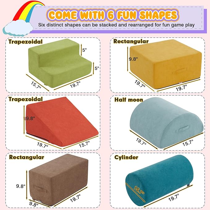 jela Foam Blocks 6Pcs Soft Play Equipment Luxury Miss Fabric, Toddler Climbing Toys Indoor Soft Play Climbing for Toddlers, Lightweight Climbing Blocks for Babies, Kids, Climb and Crawl Foam Playset-CubbioJoy