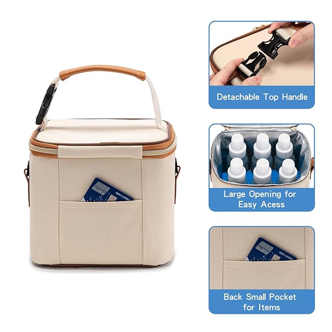 Breastmilk Cooler Bag with Ice Pack Fits 6 Baby Bottles Up to 5 Ounce, Baby Bottle Bag with Shoulder Strap for Nursing Mom Daycare, Cream-CubbioJoy