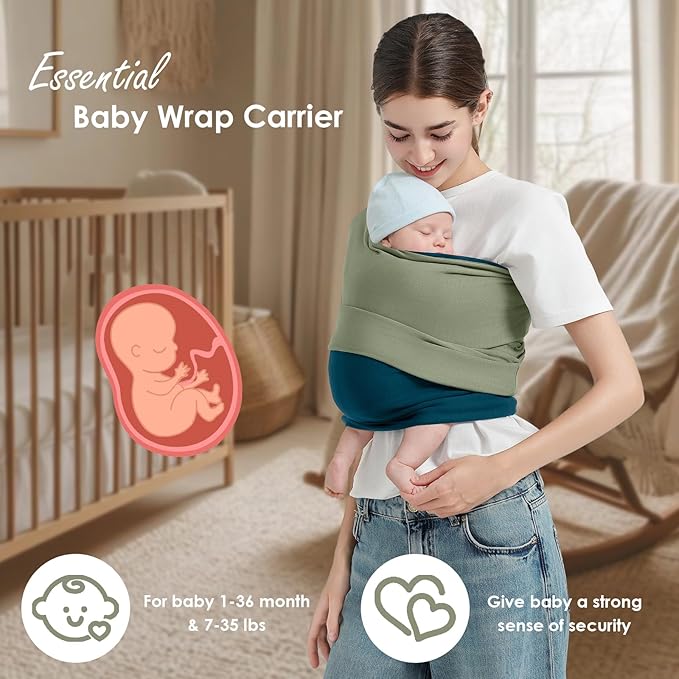 Baby Wrap Carrier, Lightweight Baby Wearing Wraps for Newborn and Infant, Soft Swaddle Holder Carrier, Cozy Baby Sling 7-35 lbs Blue+Green-CubbioJoy
