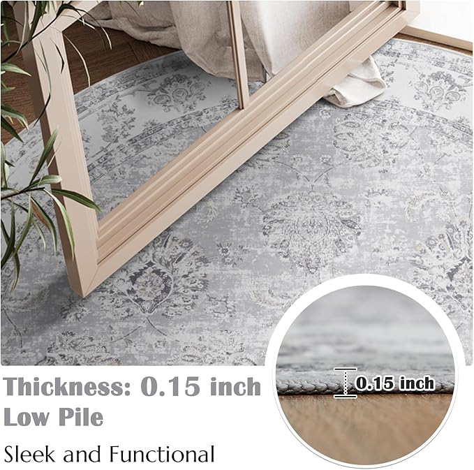 jinchan Round Rug 6ft Area Rugs Vintage Floral Distressed Design - Machine Washable Non-Slip Low-Pile Ultra-Thin Circle Rug for Entryway Bedside Living Room Dining Room Bedroom (6' Round,Grey)-CubbioJoy