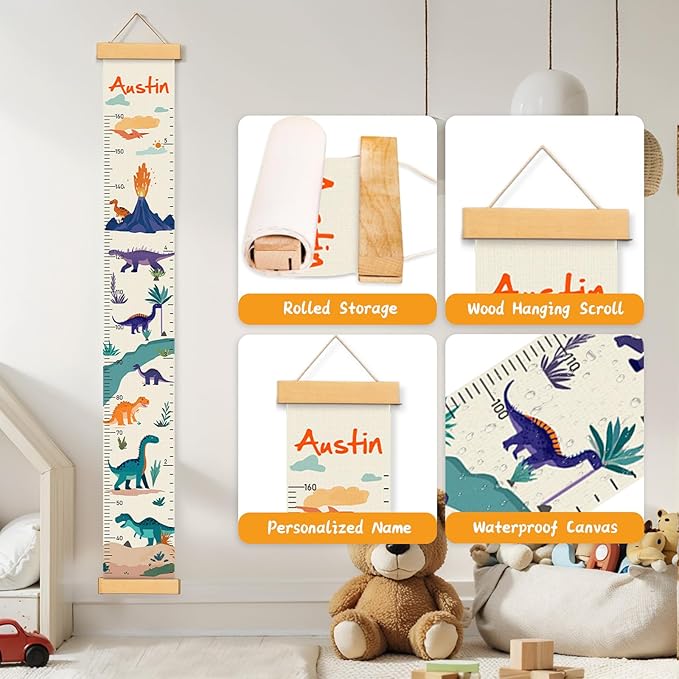 Customize Name Canvas Growth Chart for Kids, Dinosaur Unisex Kids Room Wall Decor, Measuring Height Chart, Wall Tape with Height Chart for Kids, Foldable Height Tracker, Lightweight-CubbioJoy