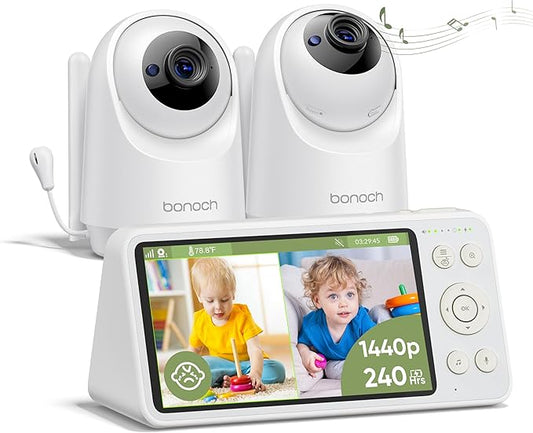 bonoch 5.5" 1440p Baby Monitor with 2 Cameras, Dual Video Monitor with Split Screen, Smart No WiFi Baby Camera, Detect Sleep Turn Over/Cry/Motion, 240h Lasting, WPA3 Hack Proof, White Noise-CubbioJoy